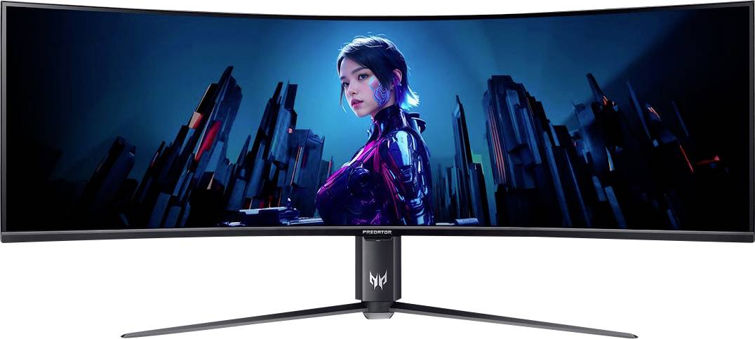 Acer Predator X34 V Monitor, der eine futuristische Szene zeigt, mit einer Person, die inmitten stilisierter Wolkenkratzer steht und farbenfrohe Reflexionen wirft.