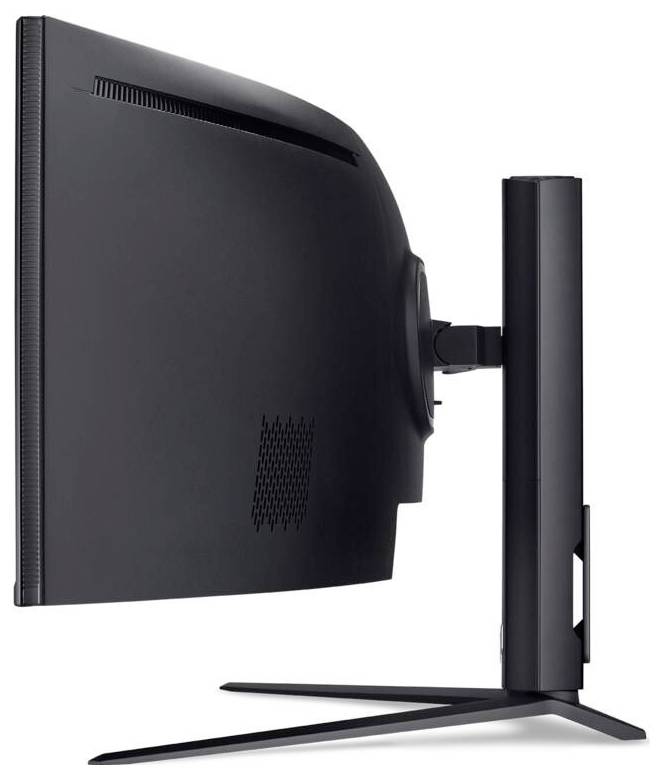 Eine Seitenansicht eines schwarzen Computermonitors mit einem geschwungenen Bildschirm auf einem Ständer, der seine schlanke Silhouette und verstellbaren Eigenschaften hervorhebt.