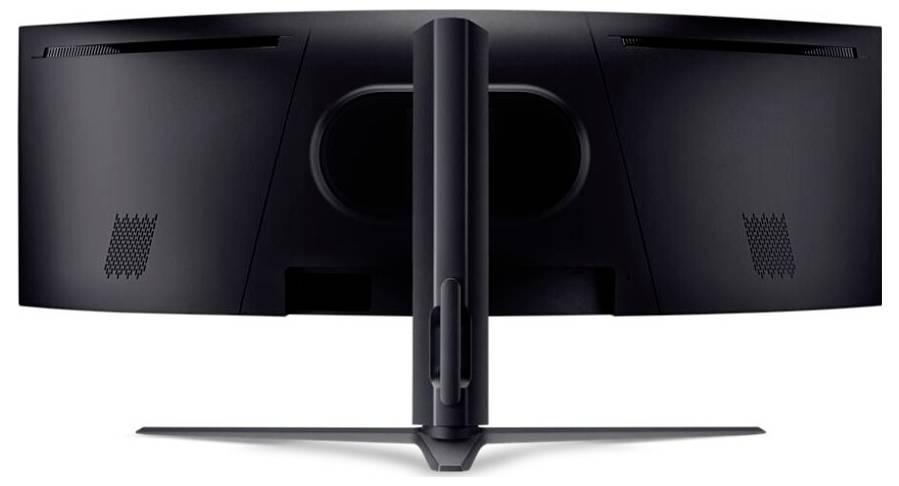 Rückansicht eines großen gebogenen Breitbild-Monitors mit einem stabilen Ständer, der Lüftungsmuster an beiden Seiten zur Wärmeableitung aufweist, in einem minimalistischen Design.