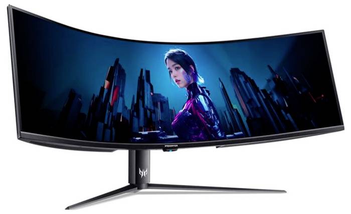 Ein ultrabreiter Gaming-Monitor, der eine futuristische Stadtlandschaft mit einer Person in roter Kleidung zeigt und ein immersives Spielerlebnis andeutet.