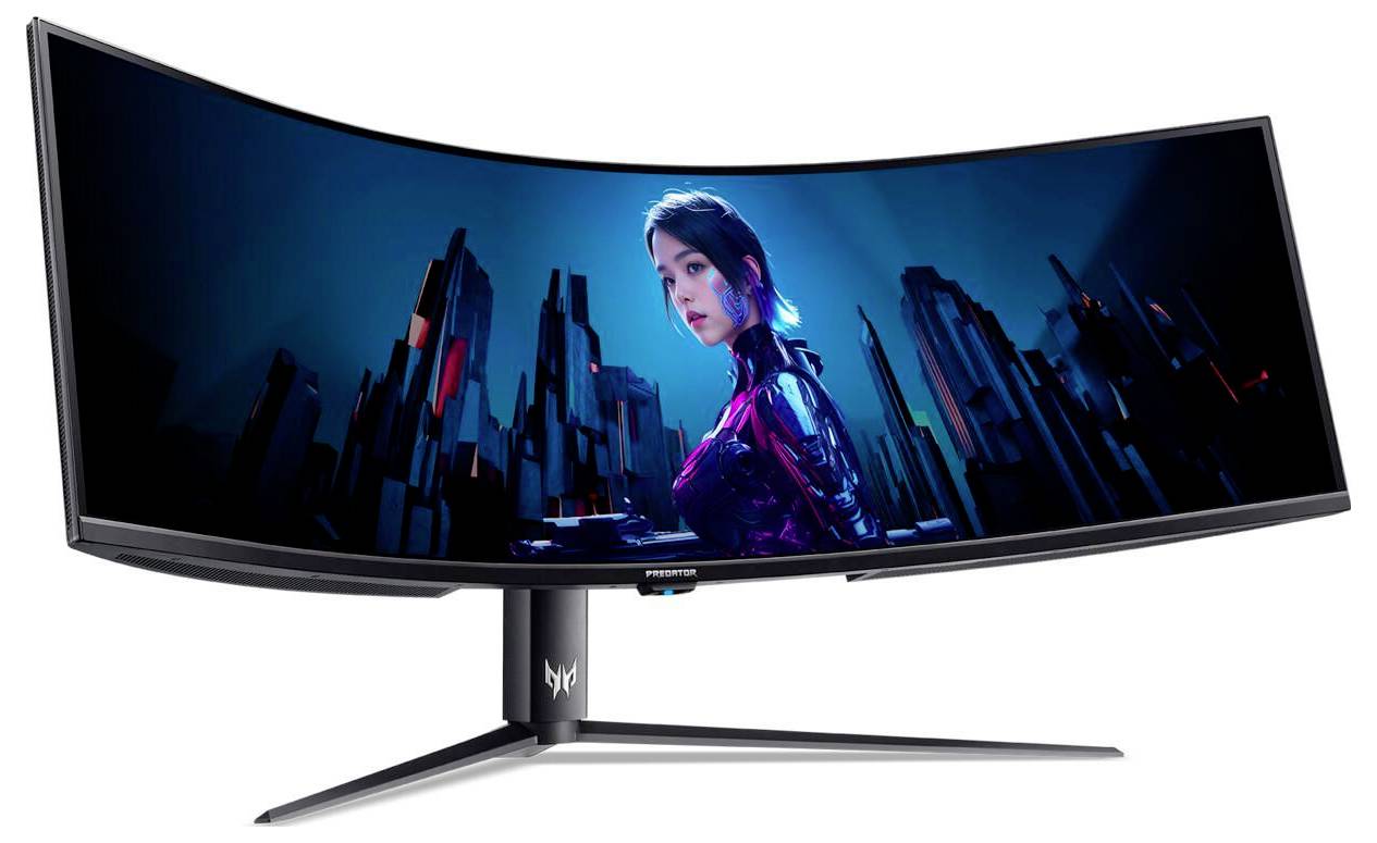 Ein geschwungener, breiter Gaming-Monitor zeigt eine futuristische Stadtlandschaft mit einer Figur im Vordergrund und unterstreicht damit immersive Spielgrafiken.