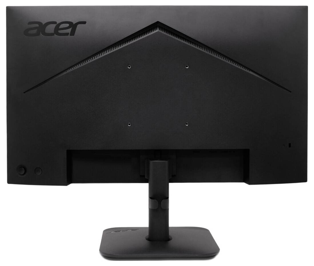 Ein schwarzer Computermonitor, von hinten betrachtet, mit einem schlanken, eckigen Design, einem zentralen Ständer und dem 'Acer' Logo in der Ecke.