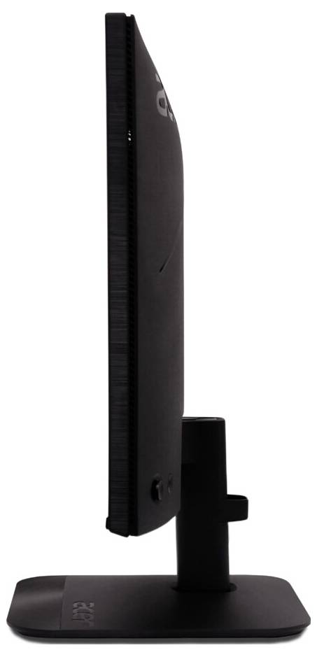 Ein schlanker, schwarzer Computermonitor wird im Profil gezeigt, der sein schlankes Design und den verstellbaren Ständer hervorhebt.