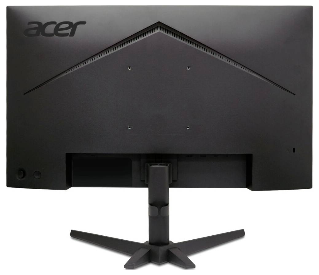 Rückansicht eines schwarzen Acer-Computermonitors auf einem V-förmigen Ständer, wobei das Markenlogo und die Anschlüsse sichtbar sind.