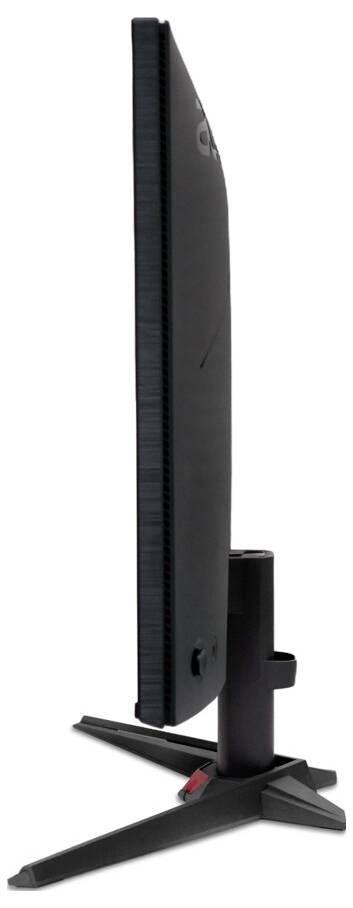 Eine Seitenansicht eines dünnen, modernen Computermonitors auf einem Ständer, die sein schlankes Design und seine minimale Grundfläche hervorhebt.