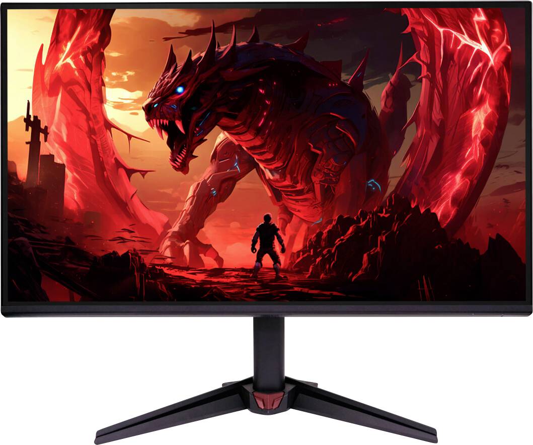 Ein Monitor zeigt eine Fantasyszene mit einem roten, gepanzerten Drachen, der einem schattenhaften Krieger vor einer feurigen Landschaft gegenübersteht.