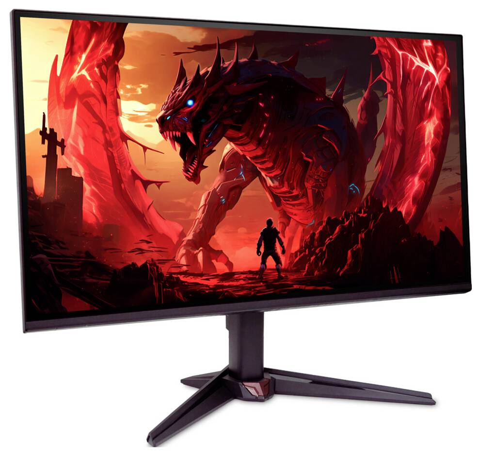 Ein Computermonitor zeigt ein digitales Kunstwerk, das einen großen, bedrohlichen roten Drachen mit leuchtend blauen Augen gegenüber einer schwarzen Silhouettenfigur darstellt.
