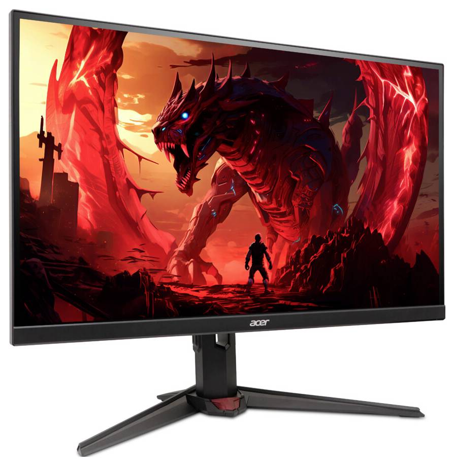 Acer-Gaming-Monitor, der ein lebendiges Bild eines Kriegers zeigt, der einem riesigen, roten Drachen in einer feurigen Landschaft gegenübersteht.