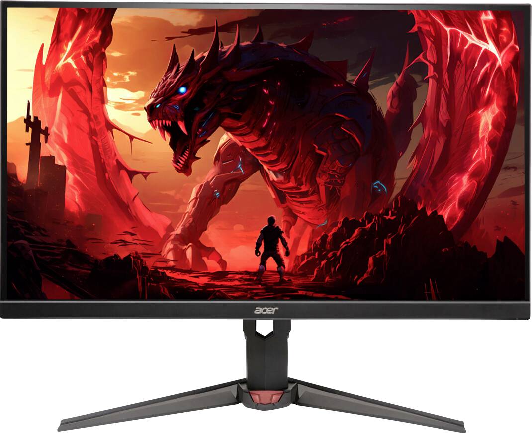 Ein Computermonitor, der ein lebendiges Bild eines großen, roten Drachen mit leuchtenden Augen und einer Person, die davor steht, vor einem dramatischen, feurigen Sonnenuntergangshintergrund zeigt.