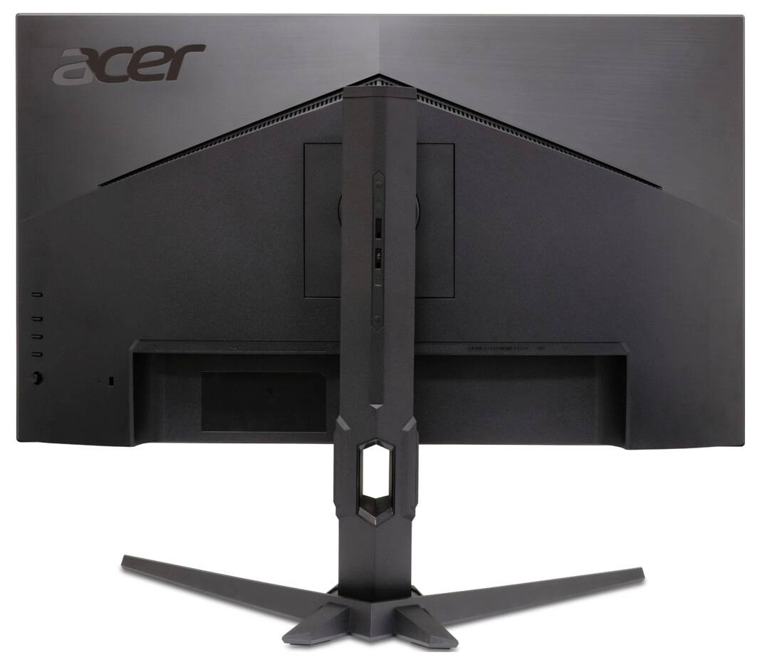 Rückansicht eines schwarzen Acer-Computermonitors mit einer eckigen Designstruktur und einem robusten Ständer.