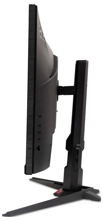 Ein Computermonitor mit Flachbildschirm in Seitenansicht auf einem Ständer, der sein schlankes Design und seine Verstellmöglichkeiten zeigt.