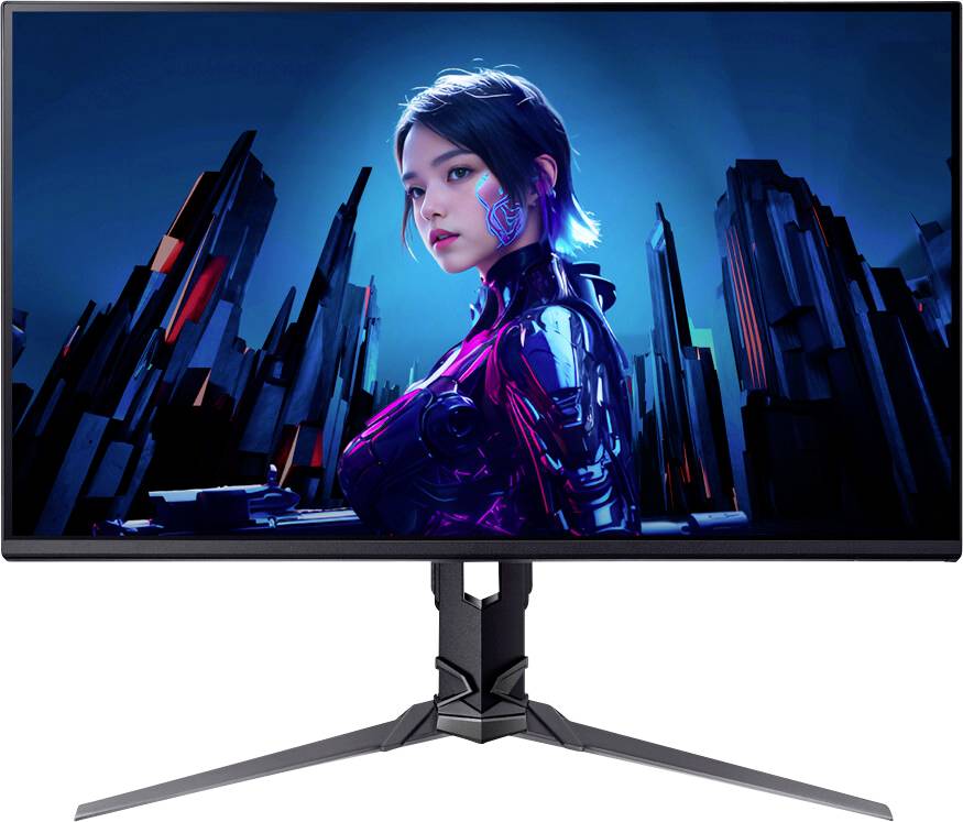 Ein futuristischer Computermonitor zeigt ein Bild einer Roboterfrau mit einem leuchtenden Schaltkreismuster vor einer Kulisse einer Cyberpunk-Stadtlandschaft.