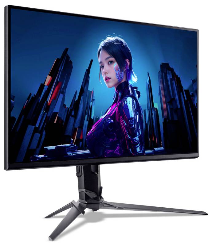 Ein Computermonitor zeigt eine futuristische digitale Kunst einer Frau in Science-Fiction-Kleidung vor einem geometrischen Stadtlandschaftshintergrund in leuchtenden Farben.