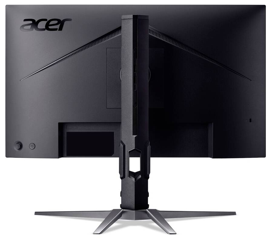 Rückansicht eines schwarzen Acer-Computermonitors mit einem robusten Ständer und elegantem Design, der die Anschlüsse und Verbindungsmöglichkeiten präsentiert.