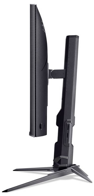 Eine Seitenansicht eines Computermonitors mit elegantem, schlankem Design auf einem Ständer, die sein dünnes Profil und zeitgenössisches Styling betont.