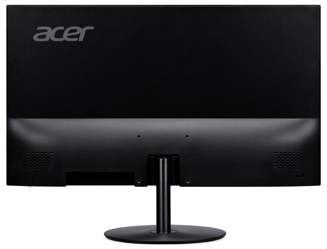 Rückansicht eines schwarzen Acer-Computermonitors, der seinen Standfuß und Lüftungsschlitze zeigt.