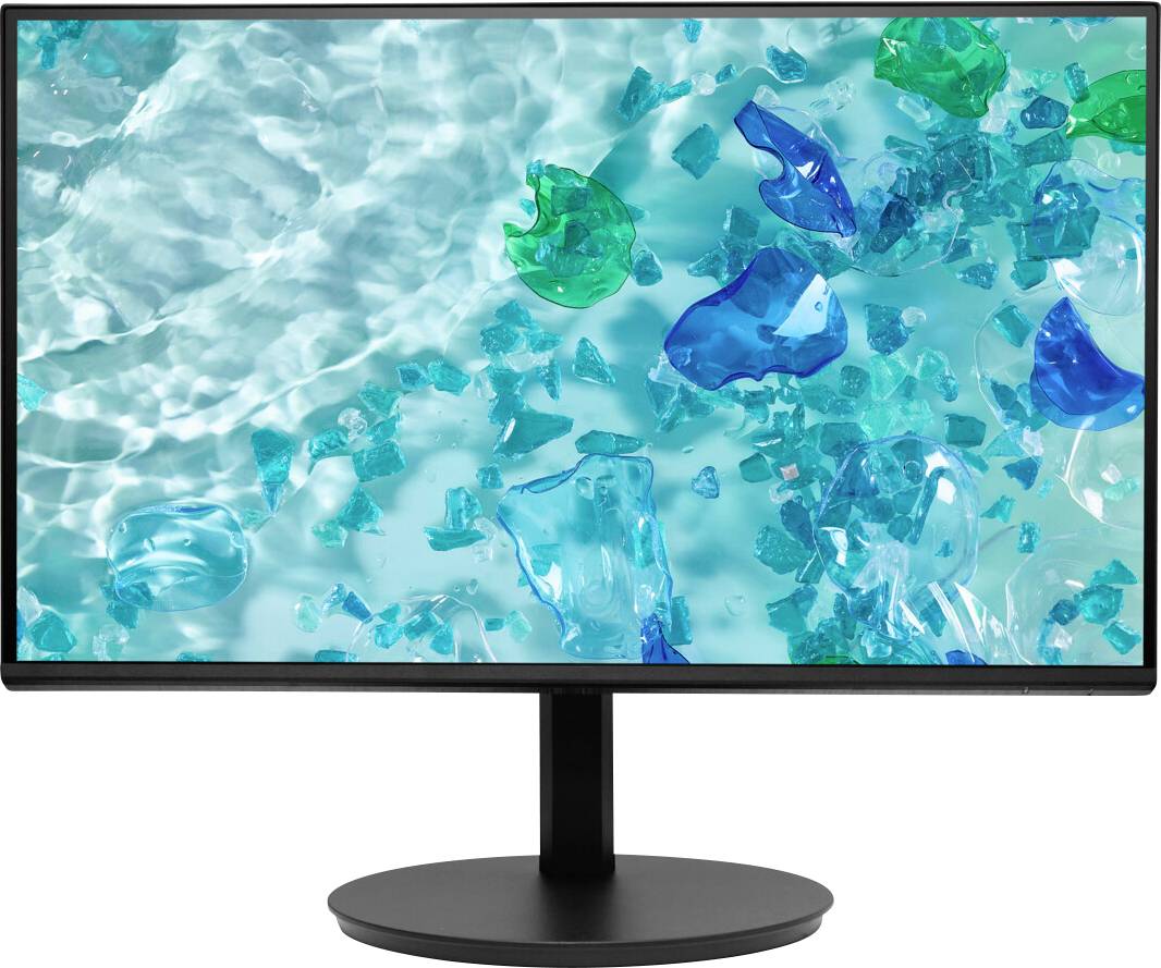 Ein Computermonitor, der ein abstraktes Bild von blauen und grünen Glassplittern zeigt, die in klarem Wasser eingetaucht sind und einen beruhigenden visuellen Effekt erzeugen.