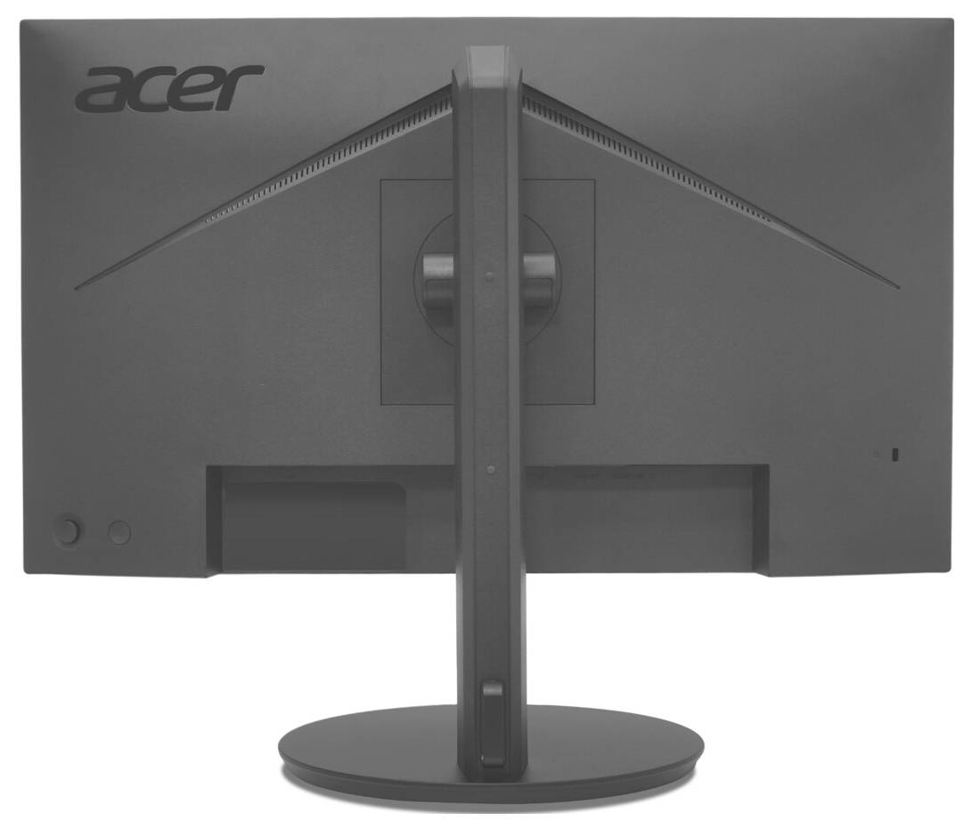 Ein schwarzer Acer-Computermonitor, von hinten betrachtet, mit seinem Ständer und Anschlüssen, wobei das Acer-Logo in der oberen linken Ecke zu sehen ist.