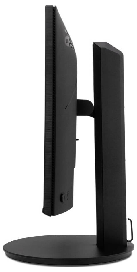 Seitenansicht eines schlanken, schwarzen Computermonitors auf einem runden Ständer.