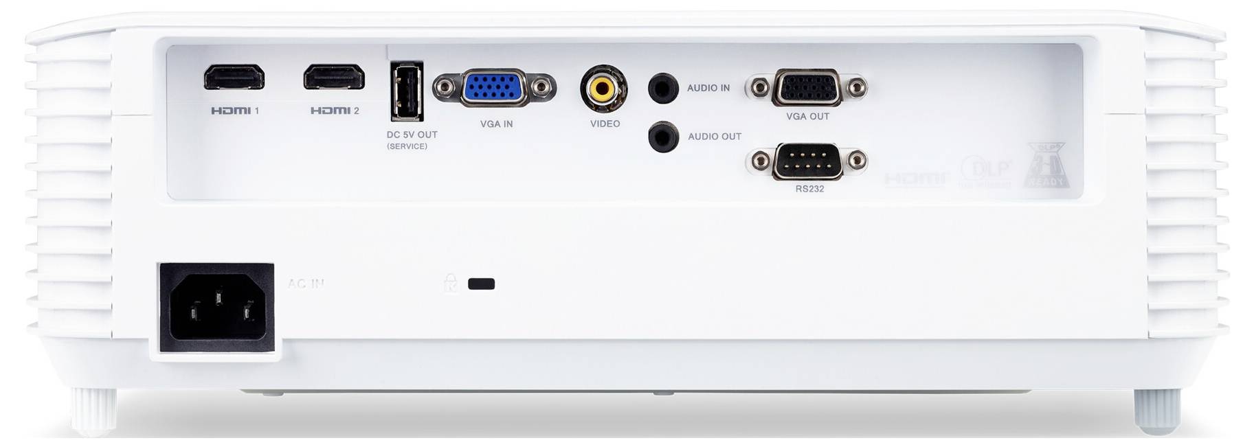 Rückansicht eines Projektors mit mehreren Eingangs- und Ausgängen, einschließlich HDMI-, VGA-, USB- und Audioverbindungen.
