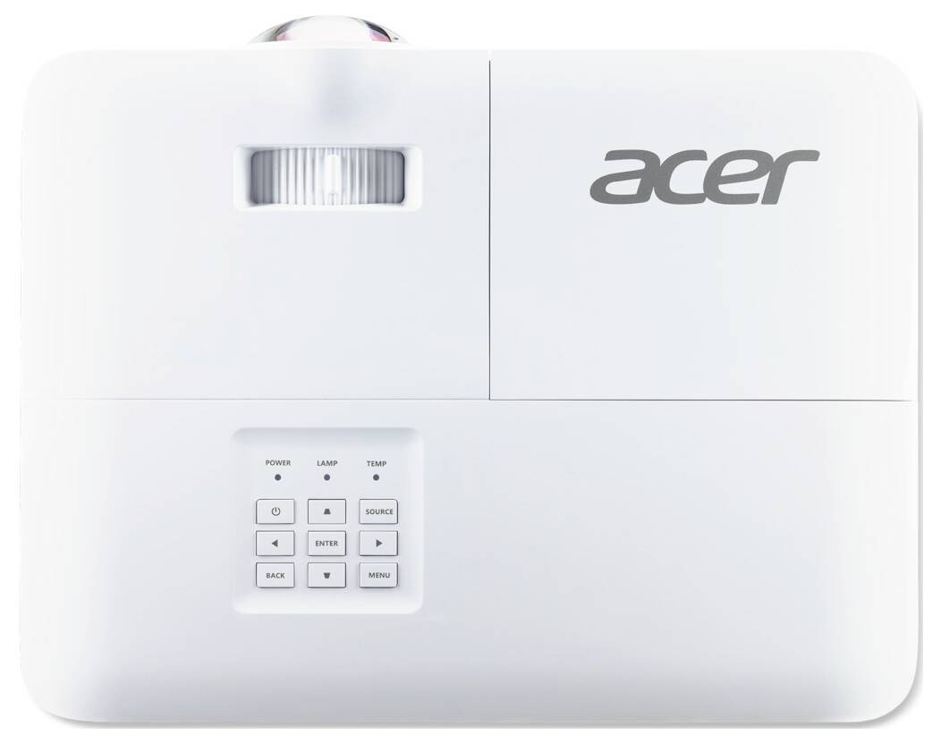 Ein weißer Acer-Projektor mit einer Bedienungsleiste, die Tasten für Ein/Aus, Menü und Einstellungen zeigt, geeignet für Büro- oder Klassenzimmergebrauch.
