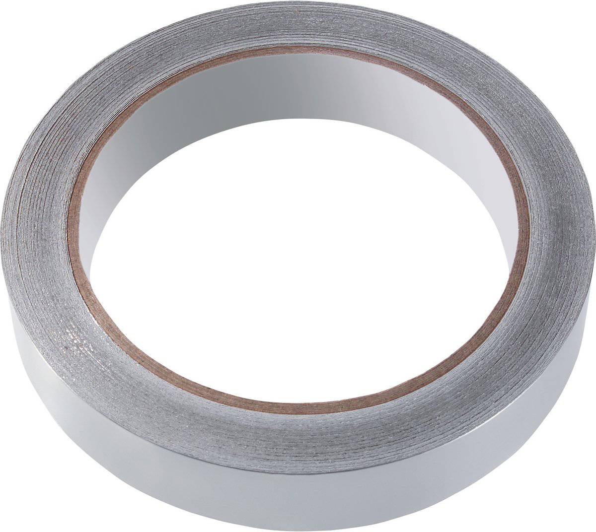 Eine Rolle Silber-Klebeband mit glänzender Oberfläche, von oben betrachtet.