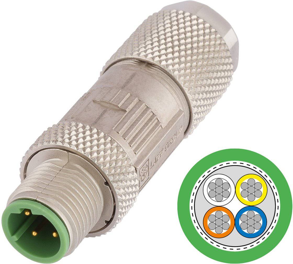 Ein metallischer Kabelverbinder mit einer grünen Spitze und drei Metallstiften, dargestellt neben einer Diagram, die Verdrahtungskonfigurationen veranschaulicht.