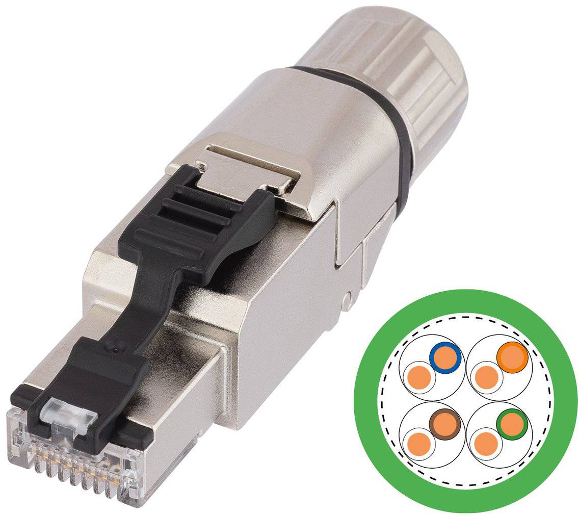 Ein Metallverbinder mit einem schwarzen Verschluss, möglicherweise der Kopf eines Ethernet-Kabels, neben einer Diagramm, das die Struktur eines Glasfaserkabels mit farbcodierten Kreisen zeigt.