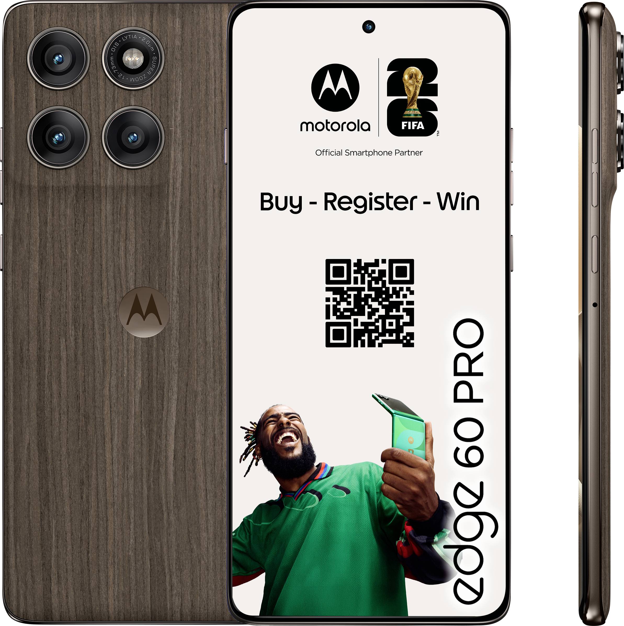 Smartphone mit holzstrukturierter Rückseite, ausgestattet mit dreifacher Kameraobjektive. Der Bildschirm zeigt 