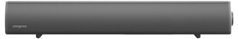 Eine schlanke schwarze Soundbar mit kleinen Füßen an beiden Seiten, entwickelt zur Verbesserung der Audioqualität.