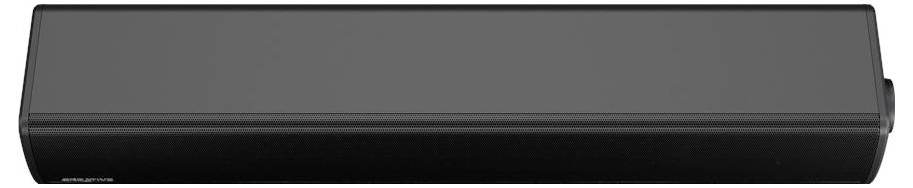 Rechteckige schwarze Soundbar mit minimalistischem Design, ausgestattet mit einer nahtlosen Frontplatte und kleiner Bedienungstaste an der Seite.