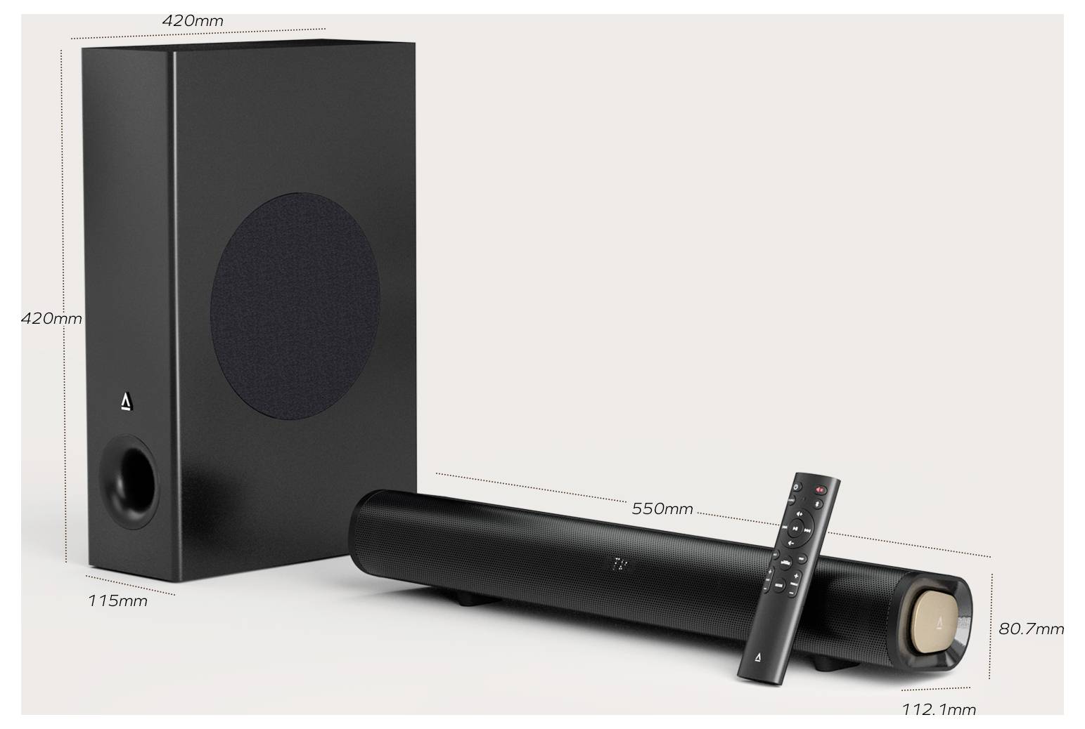 Eine elegante schwarze Soundbar und ein Subwoofer mit Fernbedienung sind abgebildet. Die Soundbar misst 550 mm, der Subwoofer 420 mm x 115 mm.