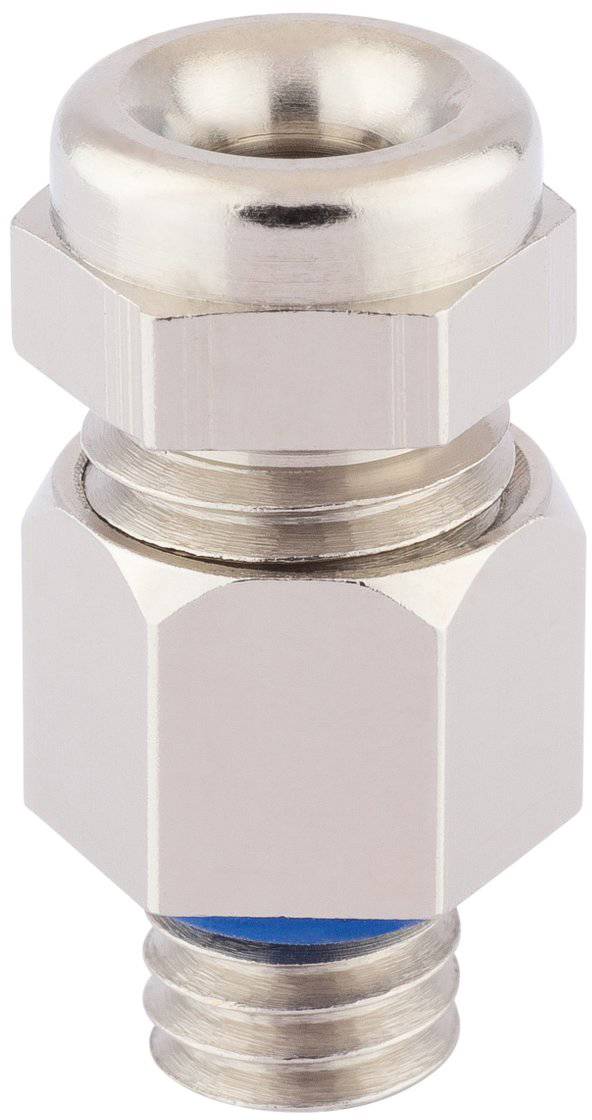 Eine metallische Kabelverschraubung mit sechskantigem Sicherungsmutter und Gewindeende zum Befestigen von Kabeln in elektrischen Schaltschränken, die Zugentlastung und Abdichtung gewährleistet.