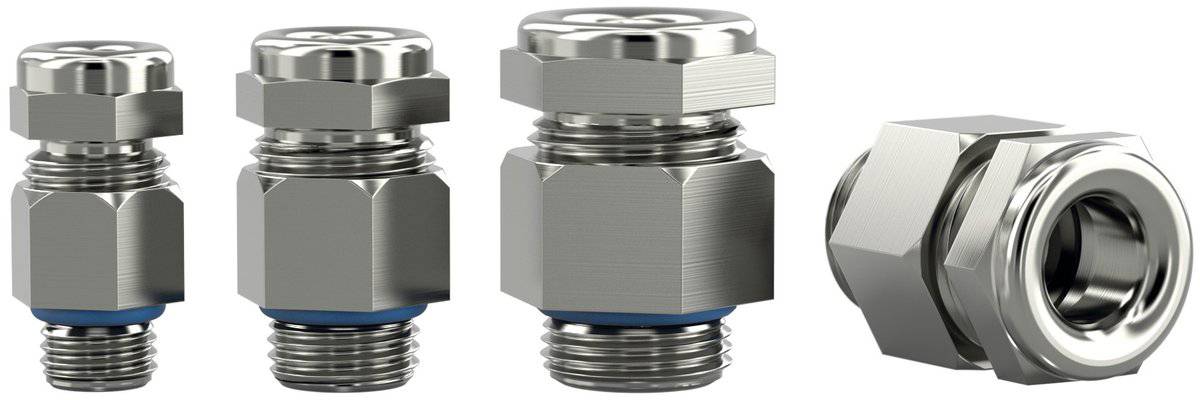 Vier verschieden große Edelstahl-Sechskantfittings mit blauen Dichtungsringen, horizontal ausgerichtet, wobei einer auf der rechten Seite quer liegt.