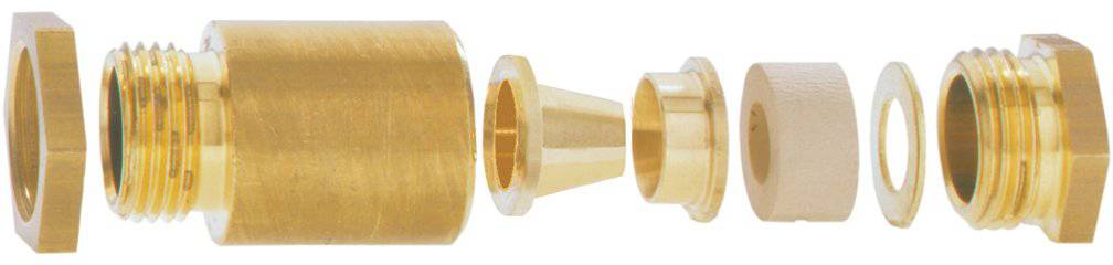 Explosionszeichnung eines Messingverbinders, die die einzelnen Komponenten in einer Reihe zeigt, einschließlich Gewindeanschlüsse, Zentralzylinder und Dichtungsringe.