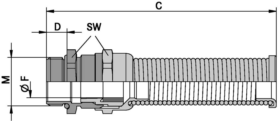 Technische Zeichnung einer mechanischen Komponente mit Gewinden und beschrifteten Abmessungen: 'C', 'D', 'SW', 'M', 'F'. Sie veranschaulicht strukturelle Details.