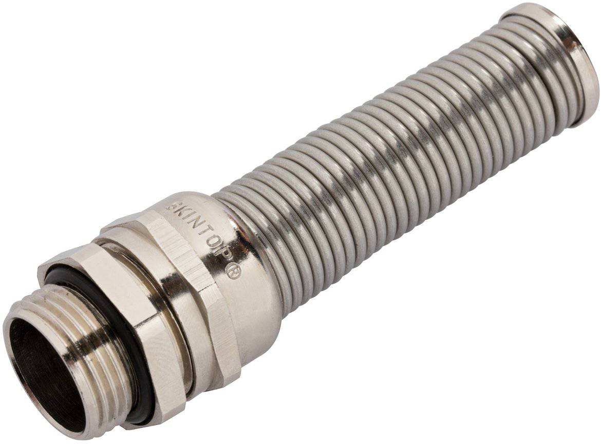 Eine flexible Metallkabelverschraubung mit gerippter Konstruktion, die zum Sichern von Kabeln und zur Entlastung sowie zum Schutz in elektrischen Anwendungen verwendet wird.