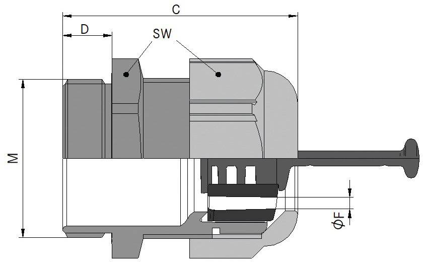 Eine technische Zeichnung, die mechanische Komponenten mit beschrifteten Abmessungen darstellt: M, C, D, SW und ØF.