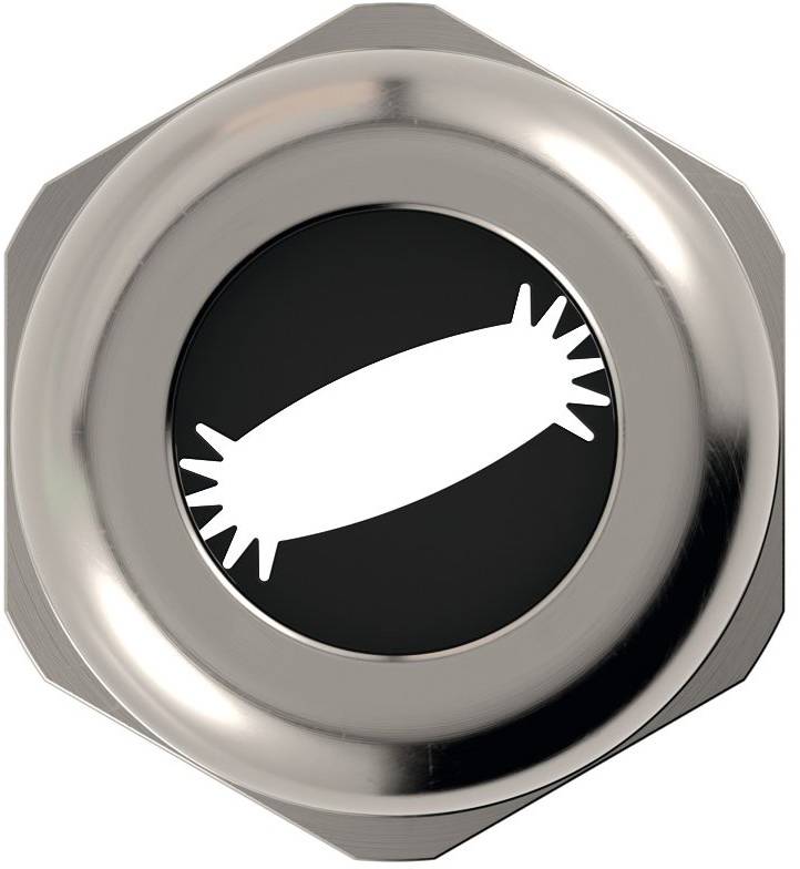 Ein silberner und schwarzer runder Knopf mit einer weißen, abstrakten, stacheligen Oval-Form in der Mitte. Der Knopf ist glänzend und metallisch.