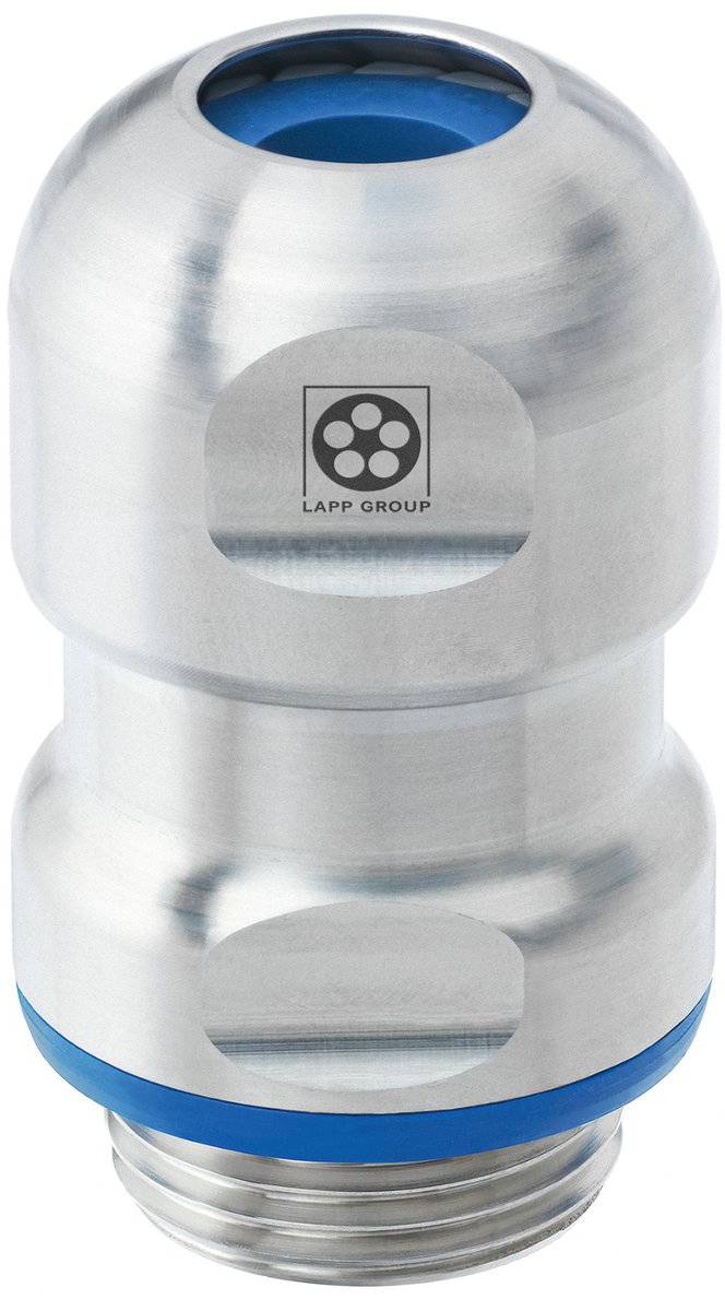 Eine Kabelverschraubung aus Metall mit einer gewölbten Form und einem blauen Dichtungsring an der Basis, graviert mit dem Logo der 'LAPP GROUP'.