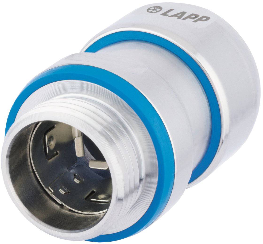 Rostfreier Industriestecker aus Stahl mit blauem Dichtungsring, gekennzeichnet mit LAPP-Logo, für robuste Kabelanwendungen.