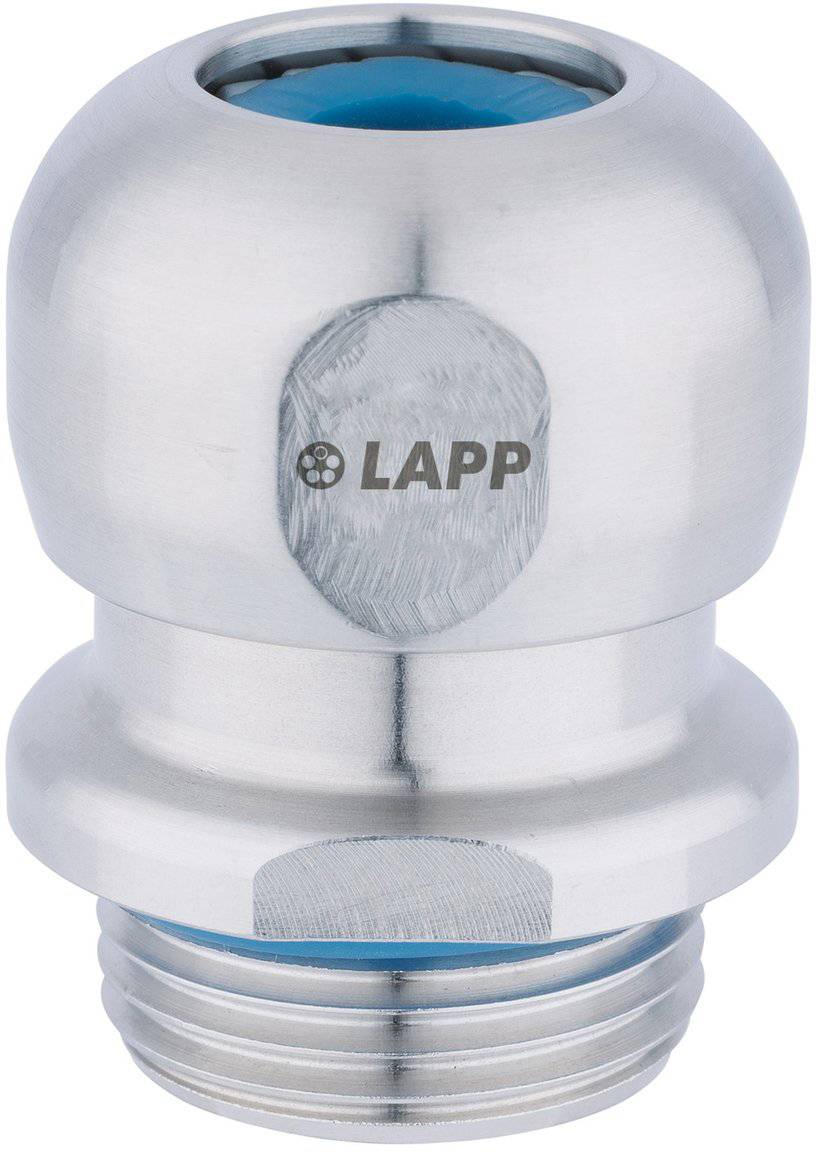 Eine metallische Kabelverschraubung mit glatter, zylindrischer Geometrie und einer blauen Dichtung. Das Wort 'LAPP' ist auf der Oberfläche eingraviert.