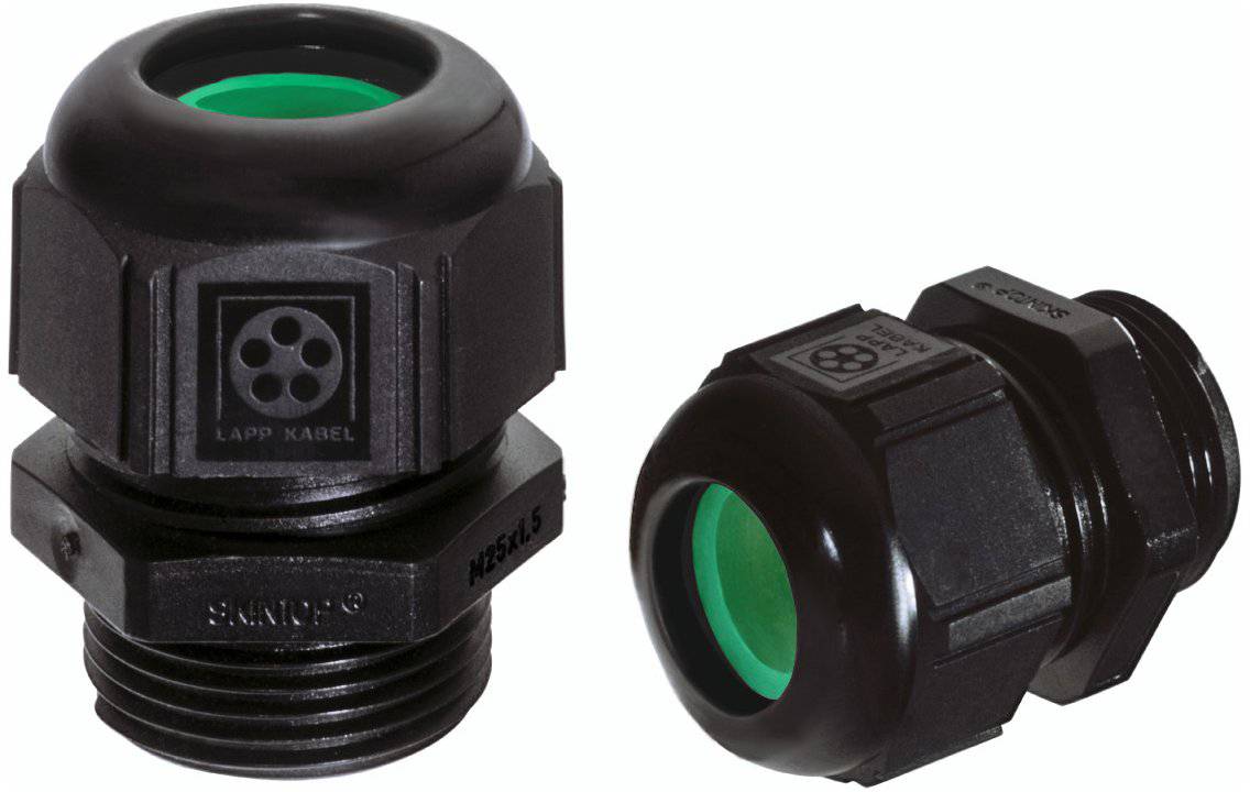 Zwei schwarze Kabelverschraubungen mit grünen Dichtungseinsätzen, entwickelt für den Kabeleintritt in Gehäuse.