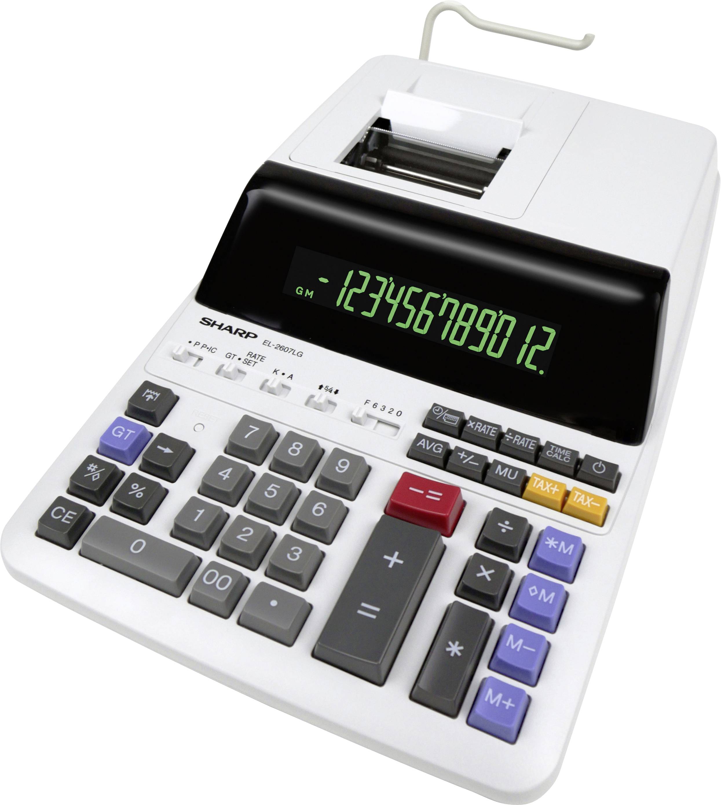 Ein digitaler Drucktaschenrechner, der die Zahlen '12345678901,2' anzeigt. Die Maschine verfügt über verschiedene Funktionstaster und eine Papierrolle.