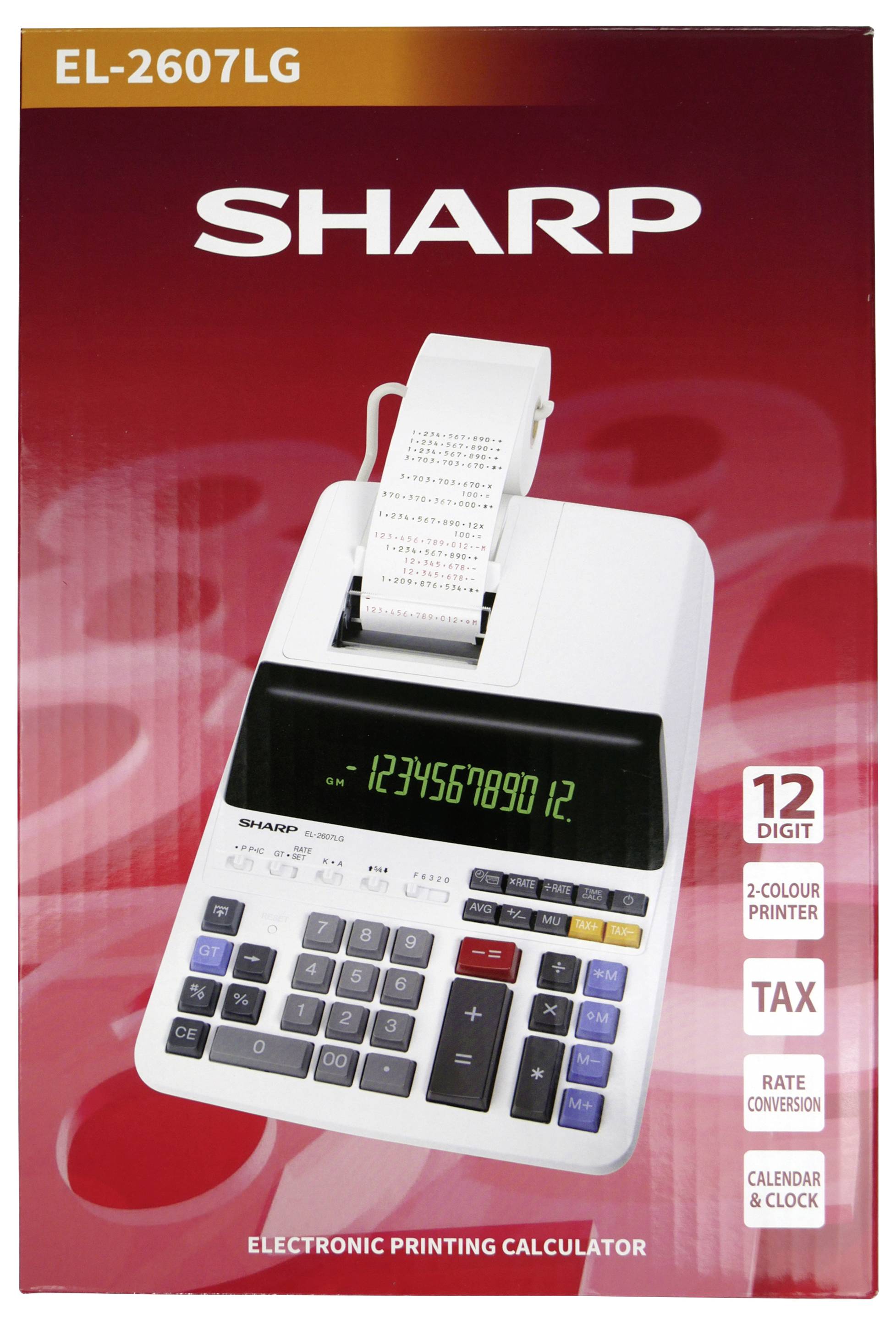 Ein weißer Sharp Elektronik-Drucktaschenrechner mit 12-stelliger Anzeige und zweifarbigem Drucker, ausgestattet mit Funktionen für Steuern, Wechselkursumrechnung sowie Kalender/Uhr.