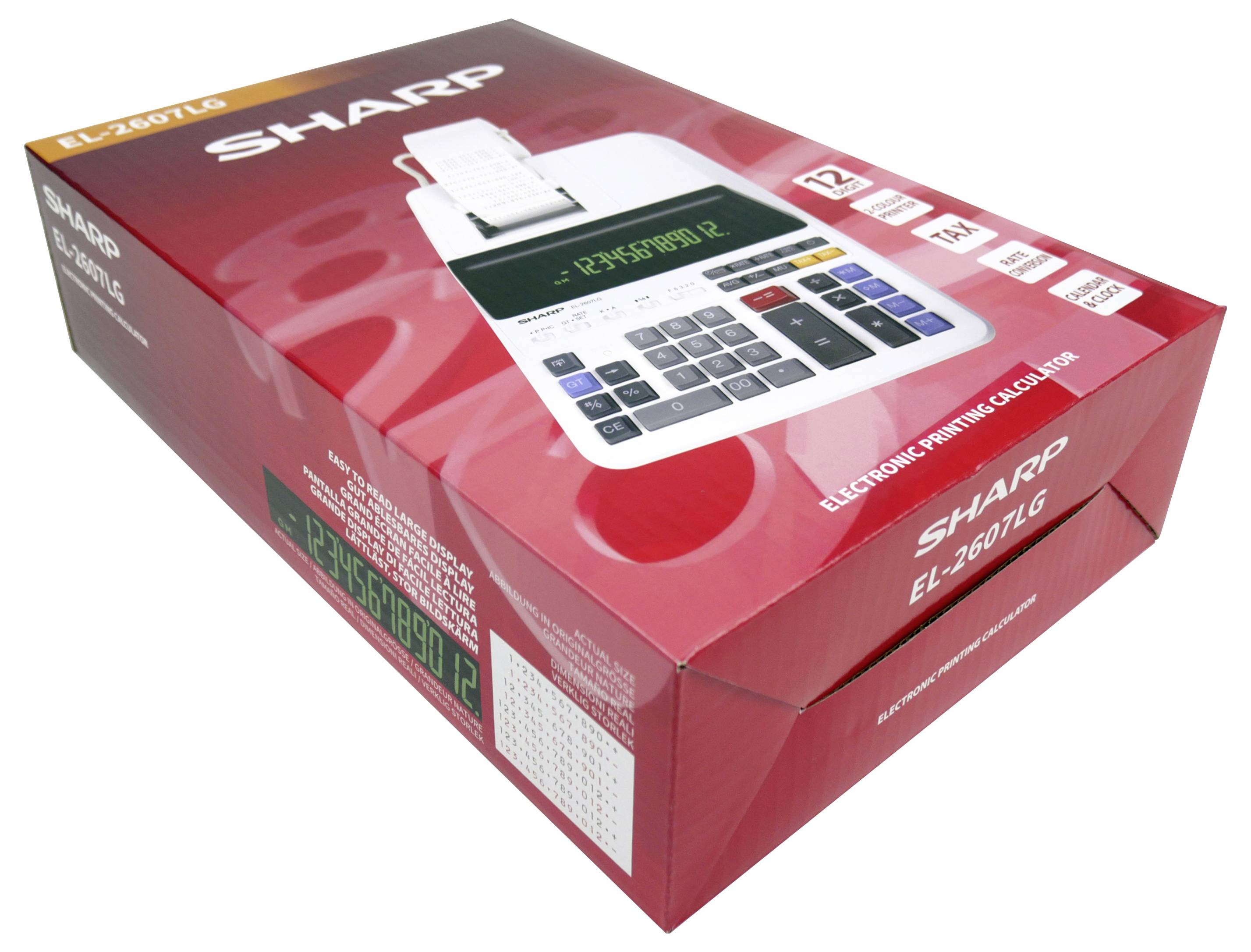 Verpackung eines Sharp elektronischen Druckers/Taschenrechners EL-2607L, rote Verpackung, zeigt Taschenrechner mit digitaler Anzeige und Tastatur, 12-stellige Kapazität.