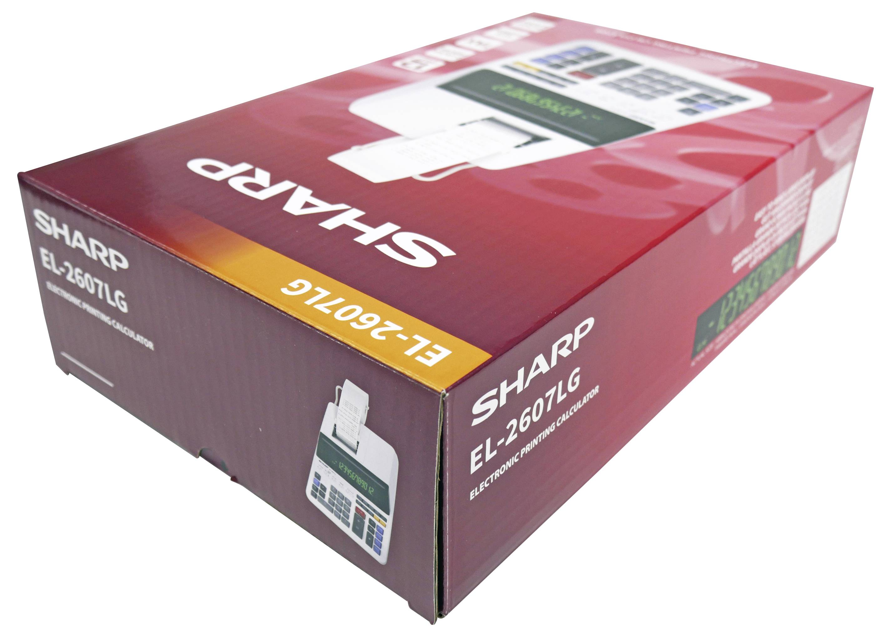 Eine rote Schachtel für einen SHARP elektronischen Drucktaschenrechner Modell EL-2607LG, die das Produktbild und die Merkmale auf der Verpackung zeigt.