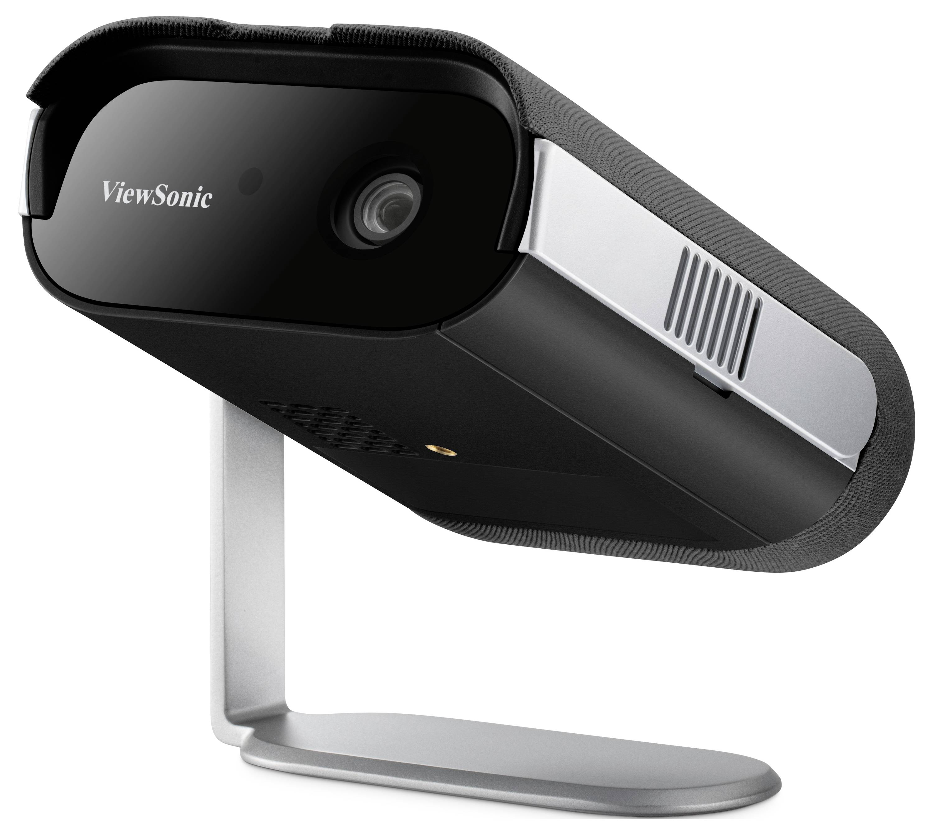 Ein schwarzer und silberner ViewSonic-Projektor, der auf einem silbernen Ständer montiert und leicht nach oben gerichtet ist, entwickelt für Präsentationen zu Hause oder im Büro.