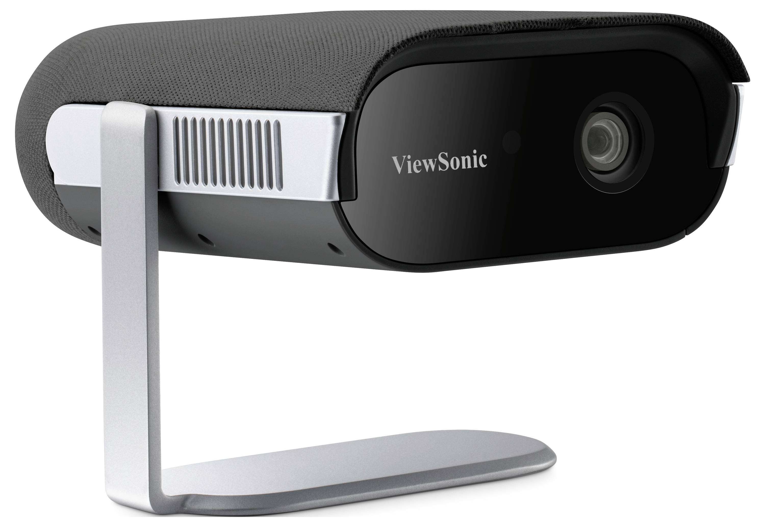 Eine schwarze und silberne ViewSonic Webcam mit einem Ständer, die eine Linse auf der rechten Seite aufweist.