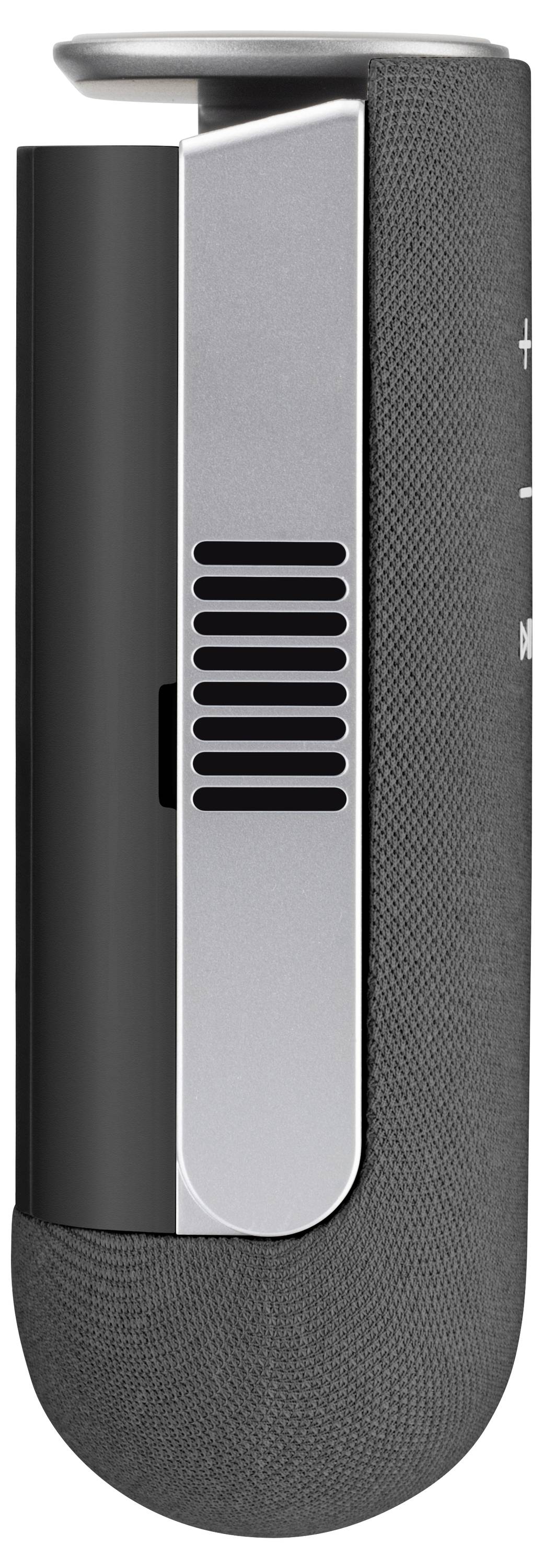 Eine Nahaufnahme einer eleganten, schwarzen und silbernen Fernbedienung mit strukturiertem Griff, Lautstärketasten und sichtbaren Lautsprecheröffnungen an der Seite.